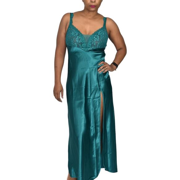 Vintage Victorias Secret Nightgown Green Satin Maxi Slip High Slit Gold Label XS - Picture 14 of 16